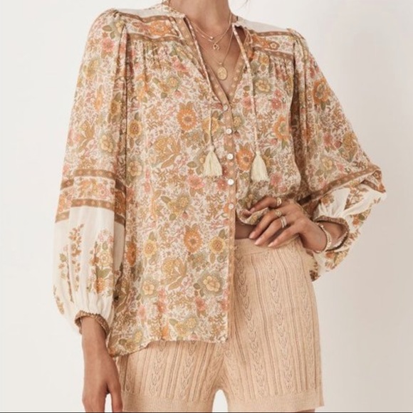 James ReEdit Floral Shift Viscose Blouse With Blouson Sleeves, Airy Flowy Top - Picture 4 of 14